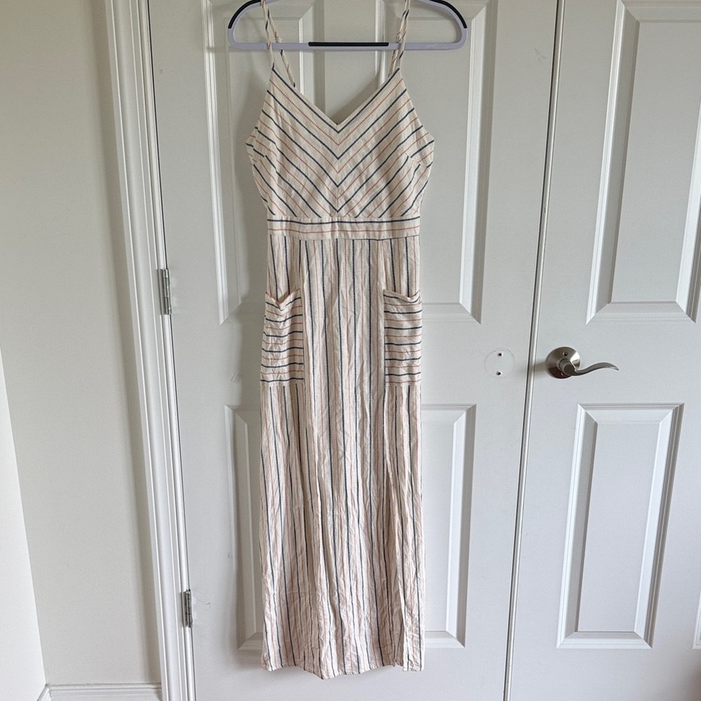 Monteau Linen/Rayon Red, Blue Off White Striped Sleeveless Maxi Dress Med